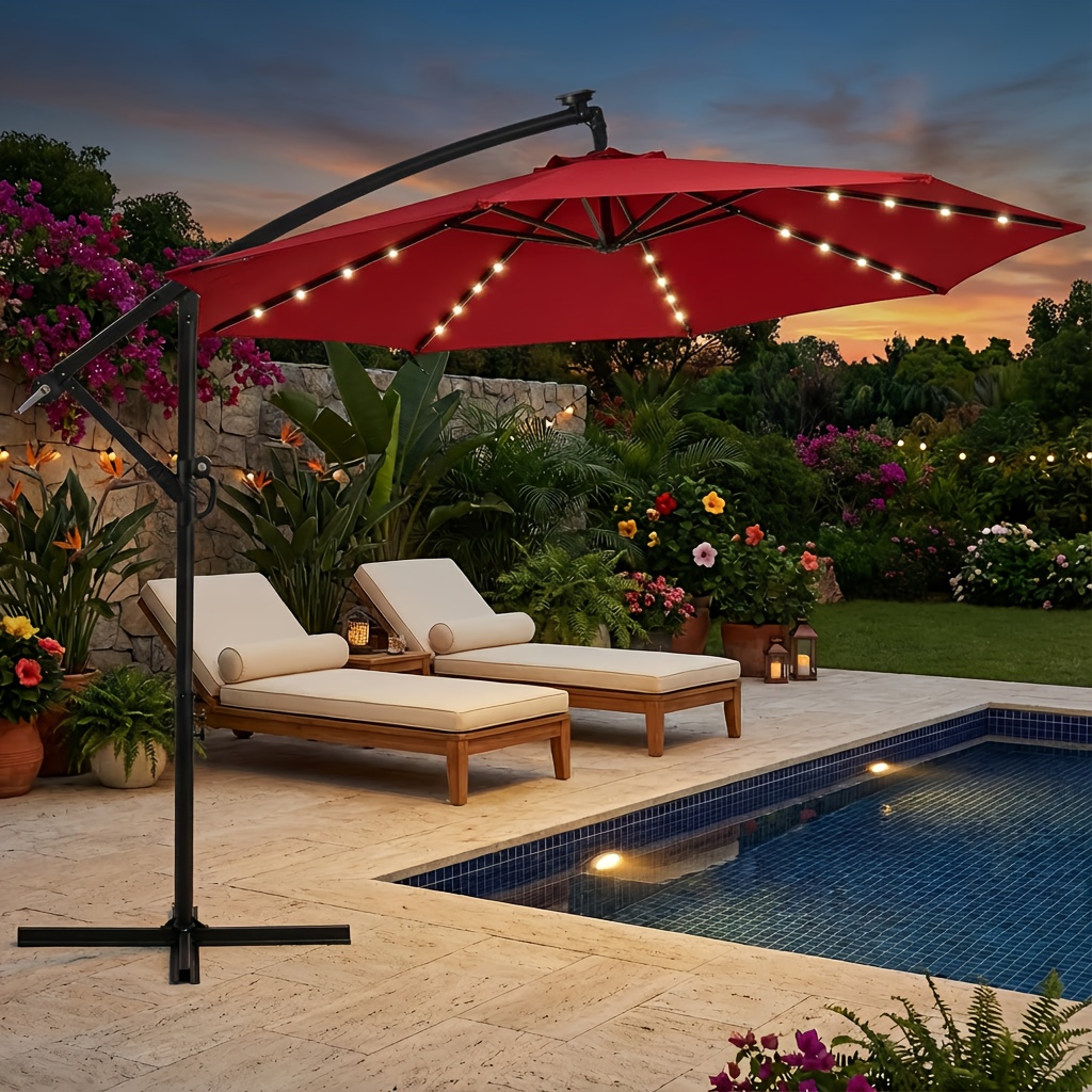 10ft solar led offset hanging market patio umbrella backyard - Temu