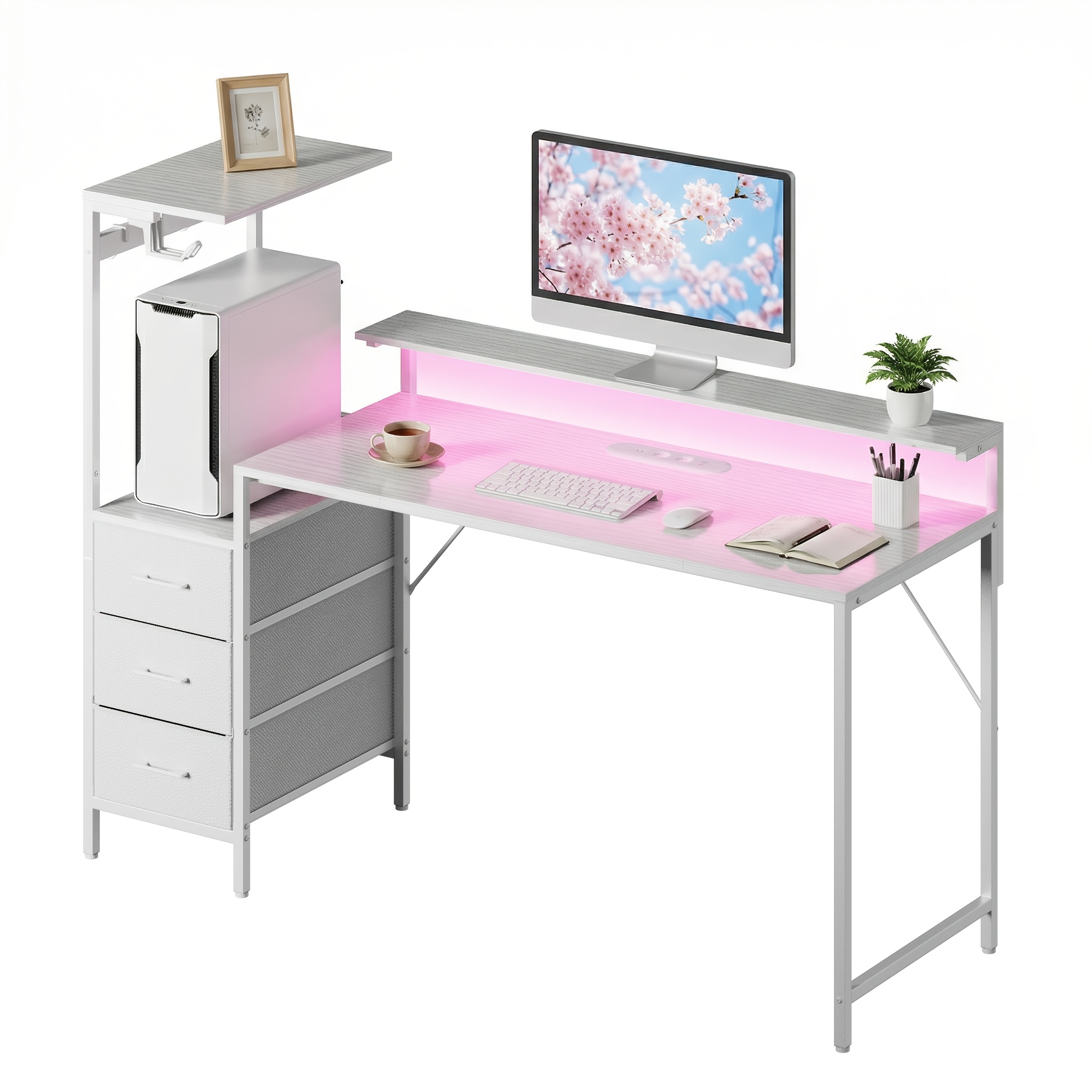 Image of 120/150cm Computer Desks, Gaming Desks With Led Lights And Power Outlets, Desk With Shelves And Storage Drawers, Pc Table For Living Room, Study Room, Gaming Room