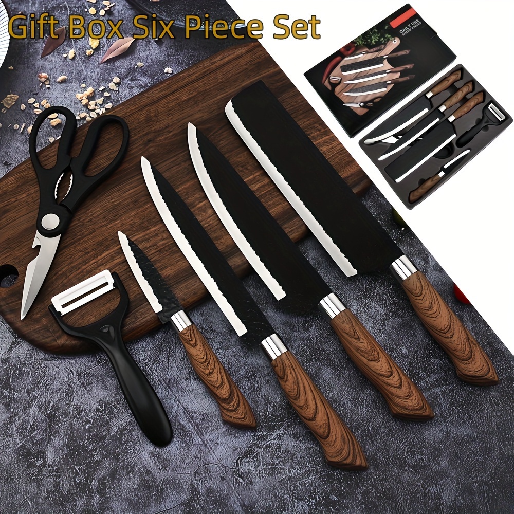 

6 Pieces Black Professional Chef Knife Set, Bbq Meat Knives For Cooking, Forged Kitchen Knife With High Carbon Stainless Steel Cutlery Ergonomic Design Handle With Gift Box For Couples