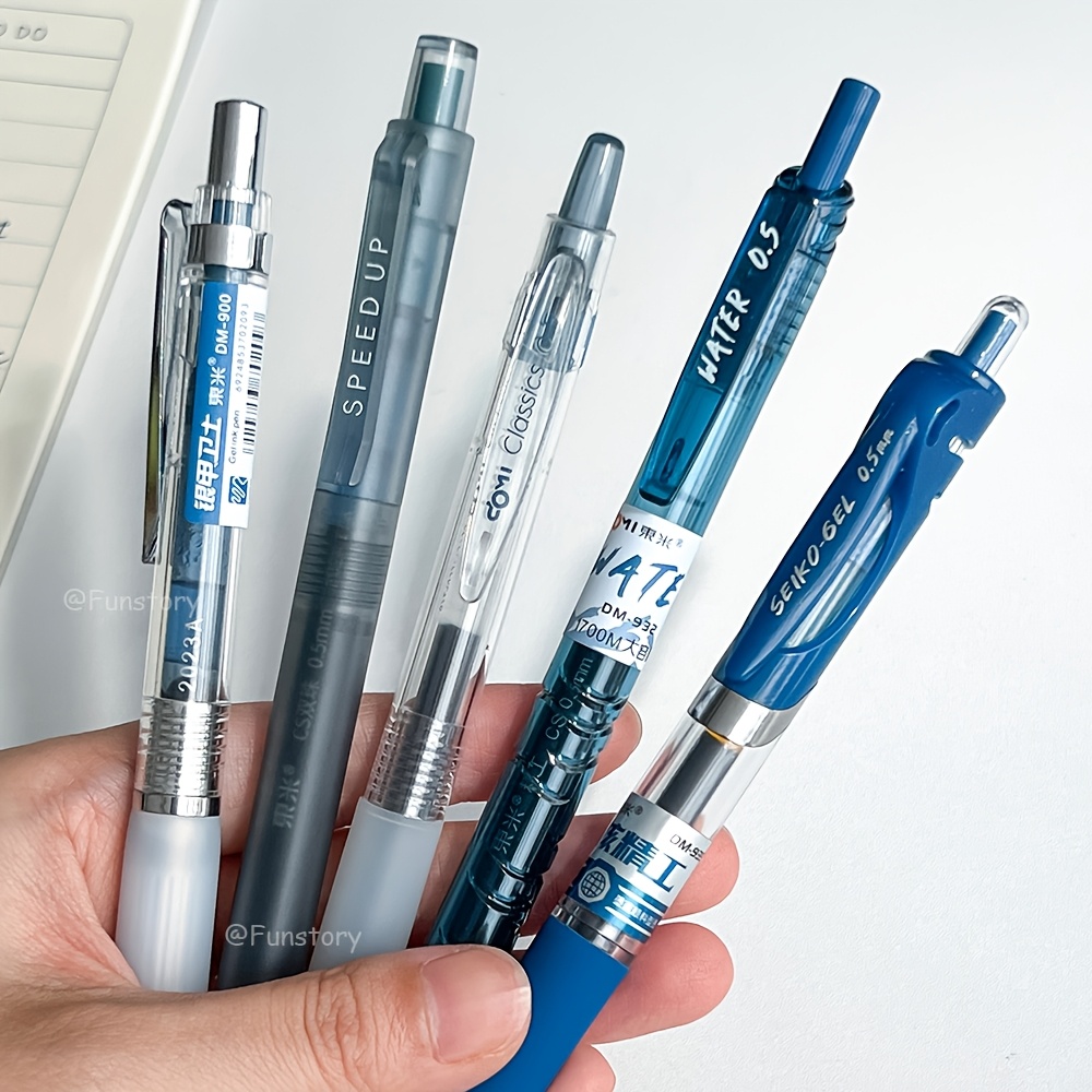 TEMU 5pcs Dark Blue Gel Pen Set 0.5mm Large Capacity Quick Dry Pen Creative Marking Writing Pen With For Study And Office Use