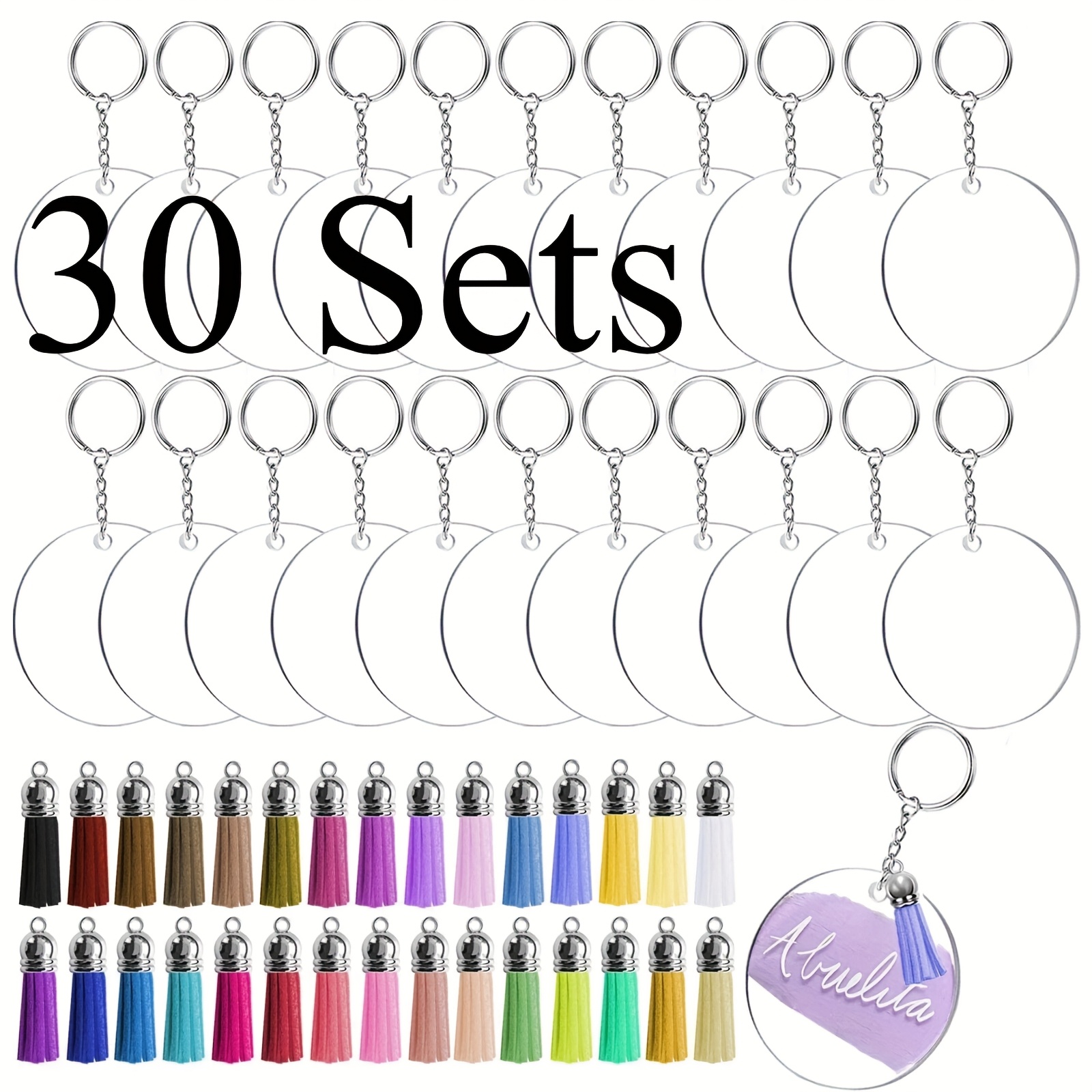 TEMU 30 Sets Of Women's Key Rings And Keychains With Tassels, Craft Keychains, Blank Acrylic For Painting, Double-sided Printed Heat Transfer