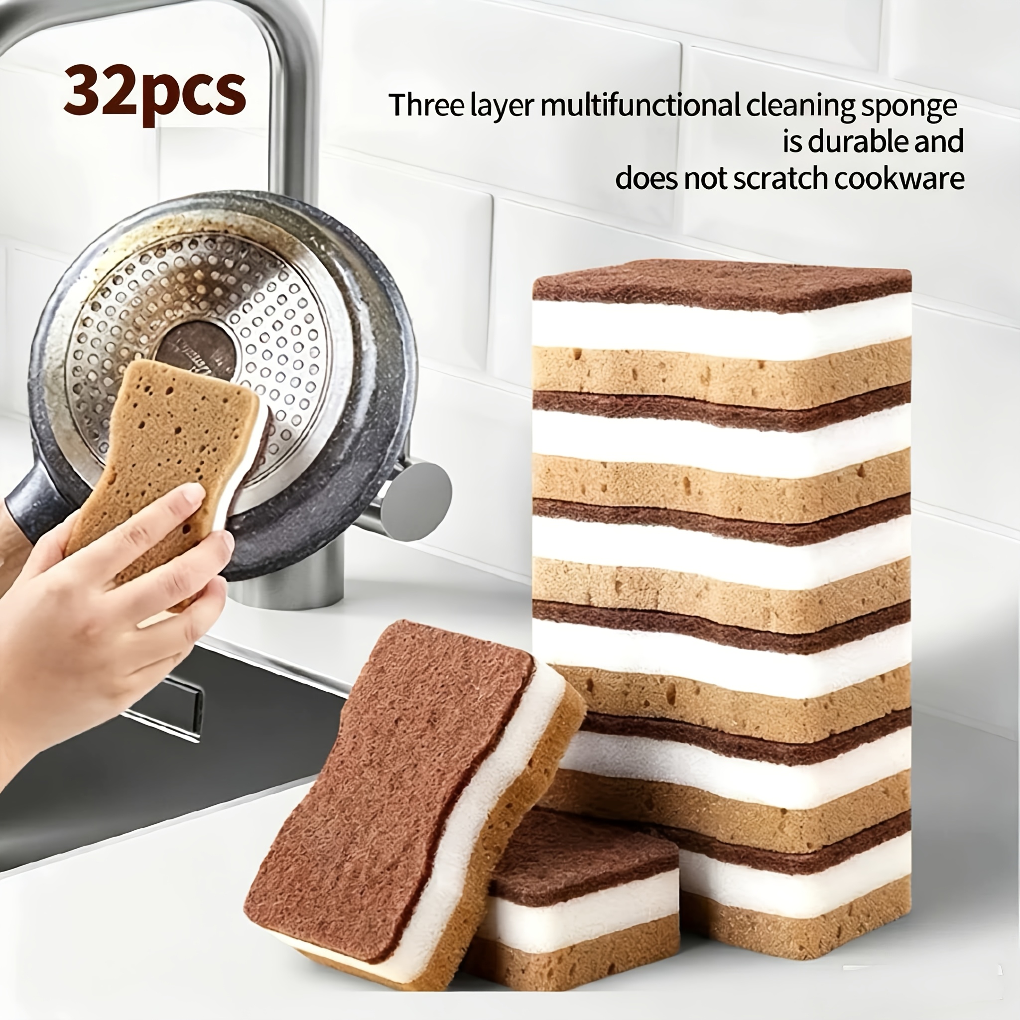 TEMU 32pcs Brown Seaweed Cleaning Sponges Thickened 3-layer Magic Cleaning Blocks, Super Absorbent And Durable Sponges For Home, Kitchen, Bathroom,