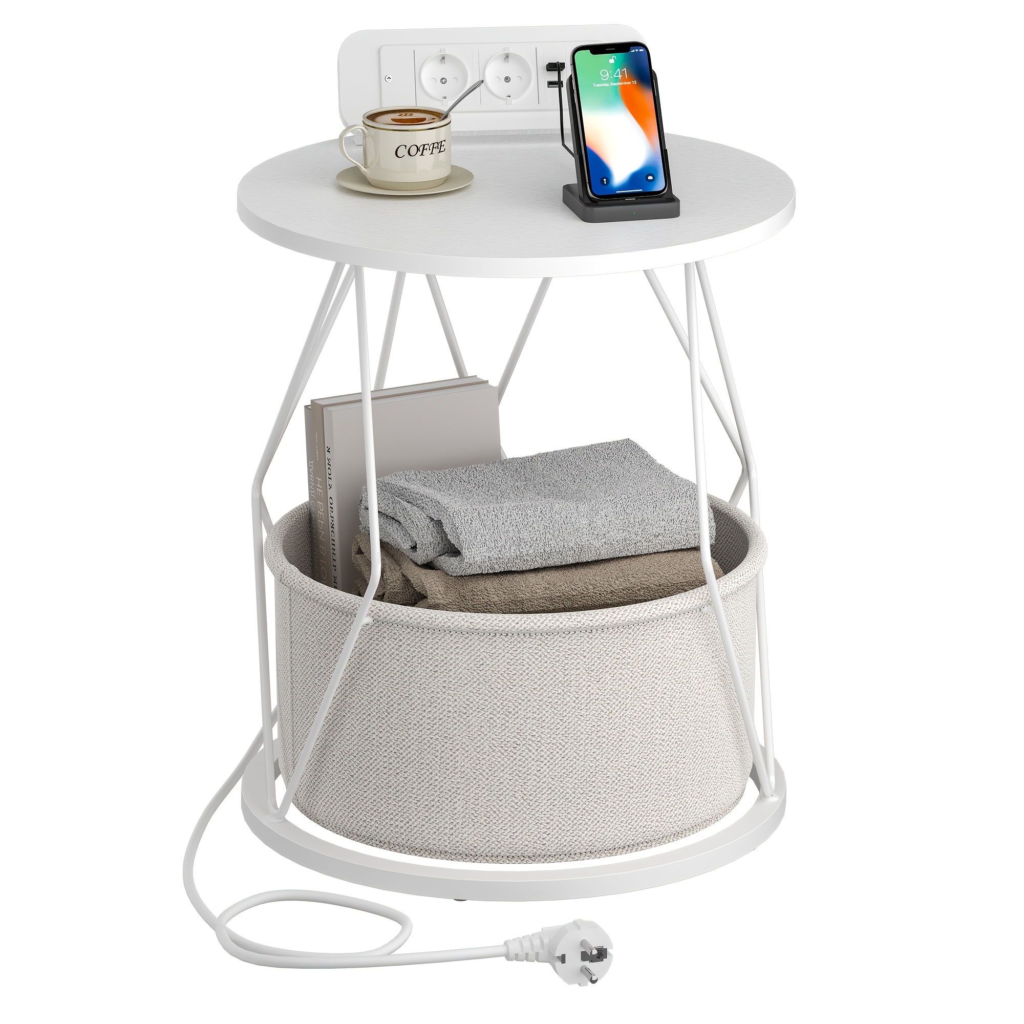 Image of Round Side Table With Charging Station (/-) & Storage Basket - Compact Small Table Suitable For Bedroom, Living Room, Bedside - White Modern Nightstand With Power Strip, Assembly, Space-saving