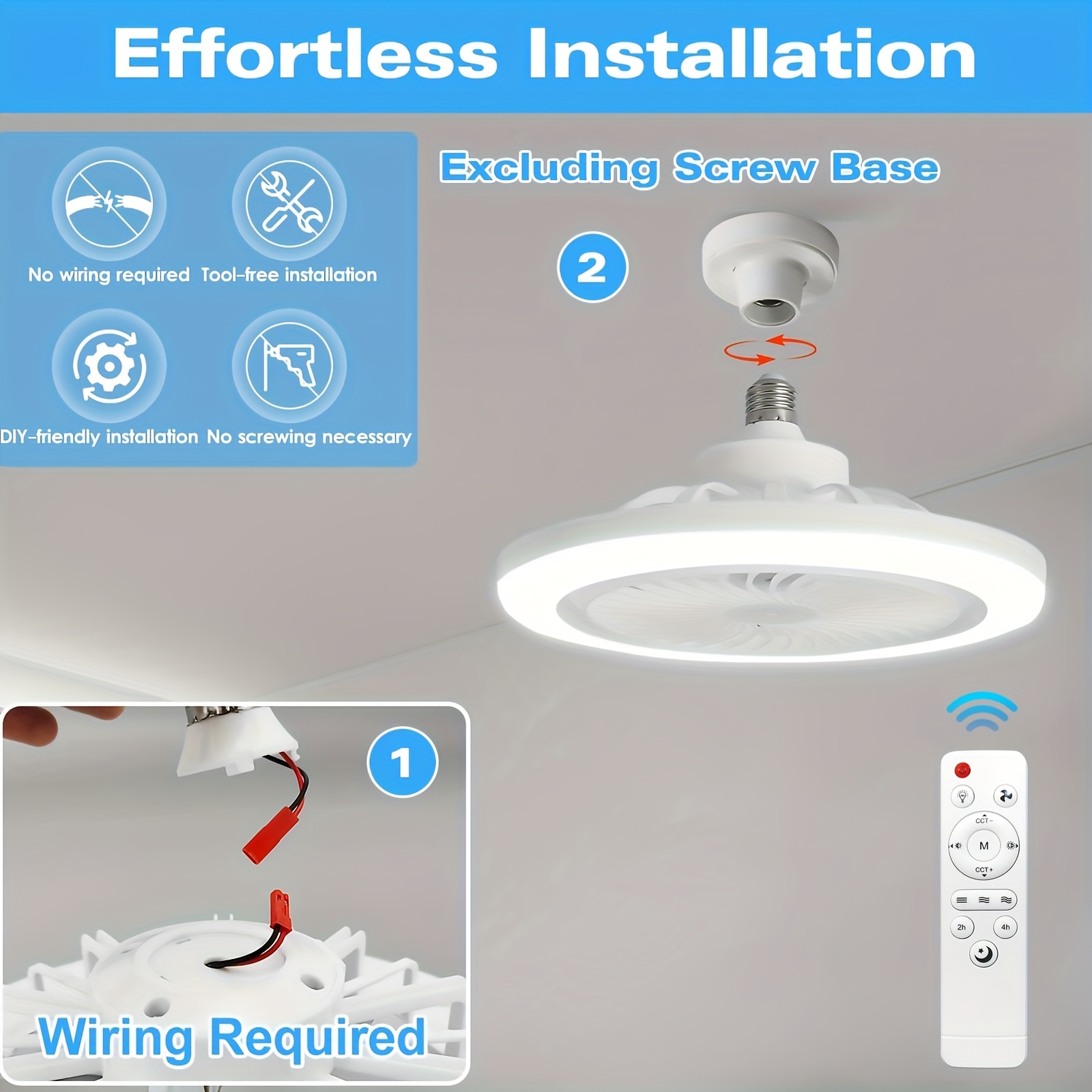 Lámpara de Ventilador de Techo con Casquillo E27/E26, Disponible en Tamaños de 52.07cm y 41.91cm. Incluye Atenuación Remota de 3000K a 6500K, Tres Velocidades de Viento Silenciosas, un Temporizador de 2 o 4 Horas y Fácil Instalación Sin Herramientas, Adecuado para Hogares y Espacios Pequeños