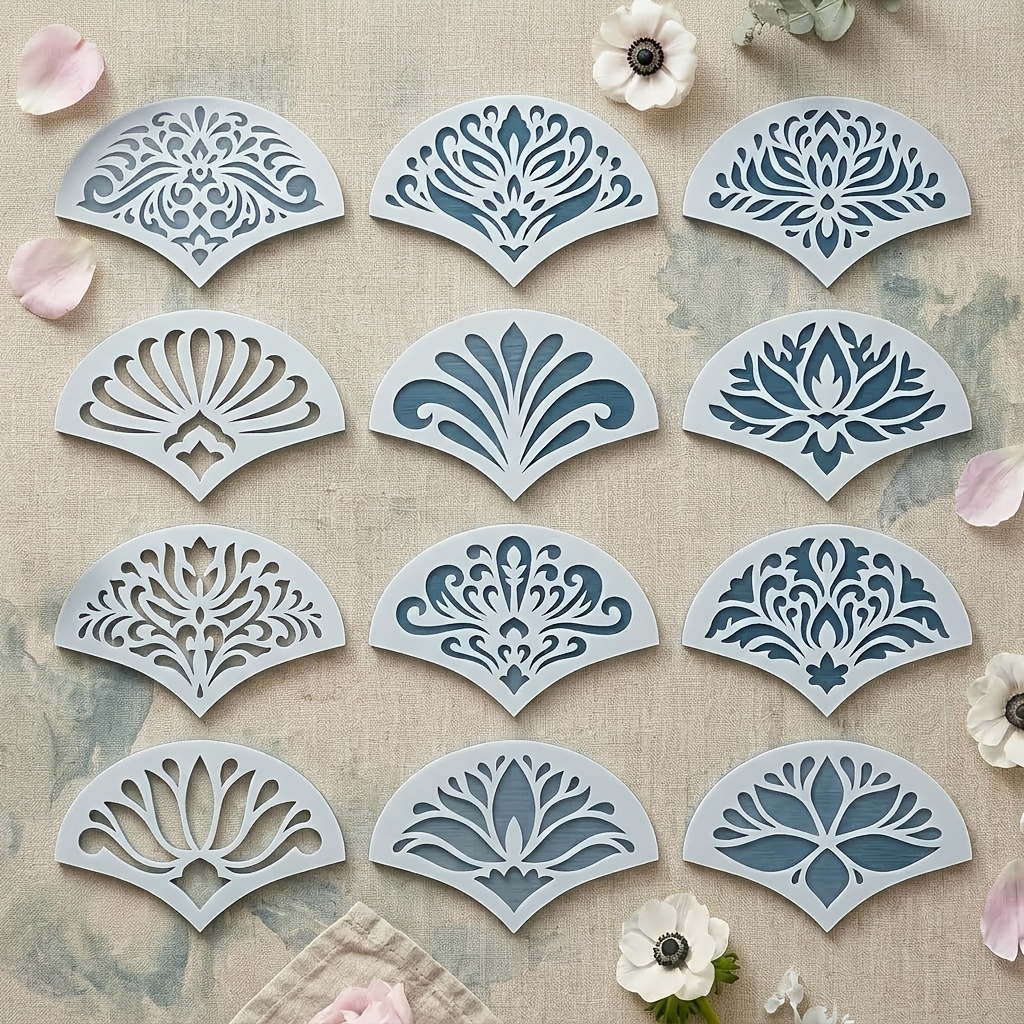 TEMU Ensemble de 12 gabarits de peinture de ventouse, modèle de Cosmétique pour de ventouse lotus floral rétro européen, moule de tatouage au fait à