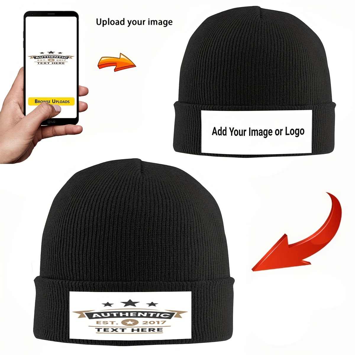 

1pc Custom Black Knit Hat With , Polyester, Stretchable, Ideal For Winter, Outdoor Activities, Or Custom Branding