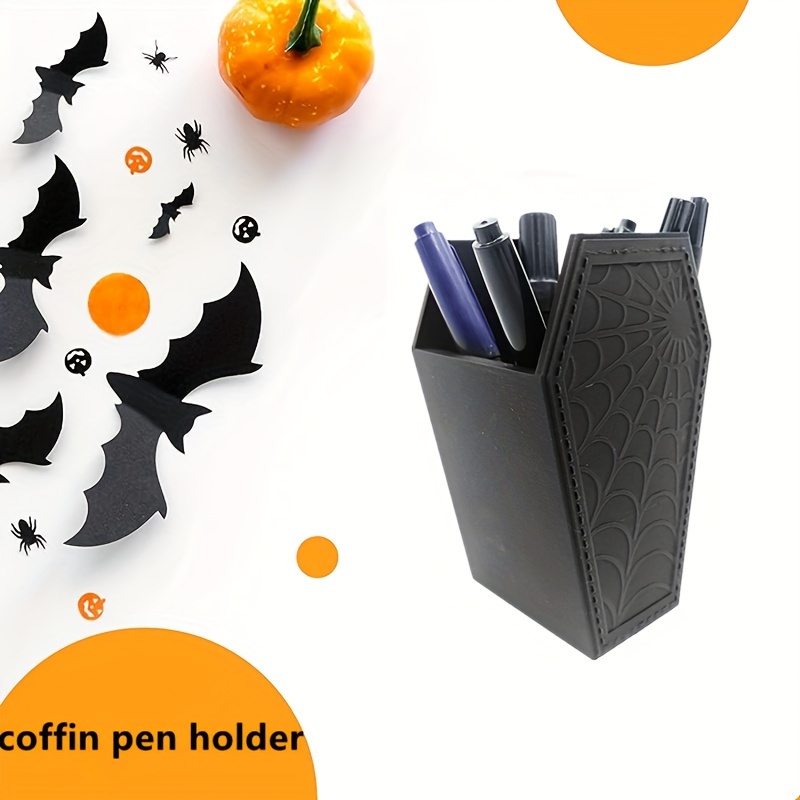 

Coffin Spider Web Pen Holder, Plastic Makeup Brush Organizer, Alternative Home Decor Desk Accessory