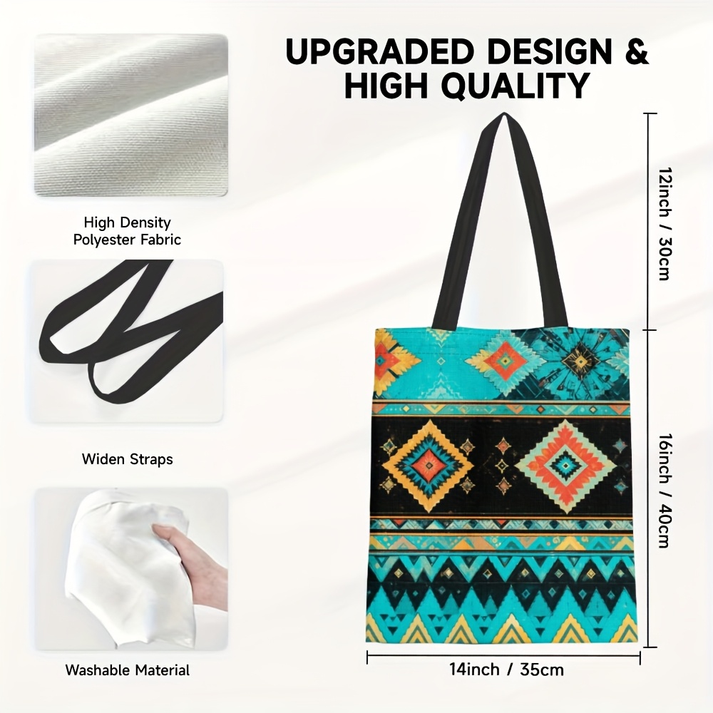 TEMU 1pc Women' Chic Teal Native Print Shoulder Bag - Lightweight Reusable Grocery Bag Suitable For Shopping,, Travel & Gifts