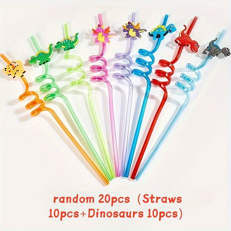Image of 20pcs (straws10pcs+dinosaurs 10pcs) Reusable Dinosaur Straw, Dinosaur Silly And Fun Spinning Dinosaur Birthday Party Gift Decoration (random Style)