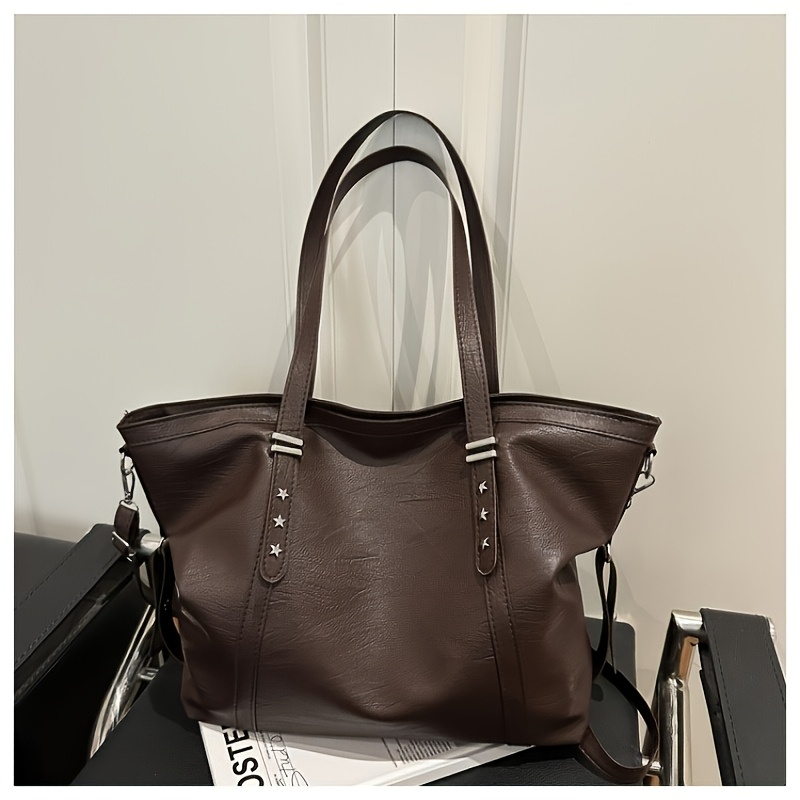2026 New Large-Capacity Women's Tote Bag of Soft PU Material, Shoulder Straps with Stars And Silvery Metal Strips