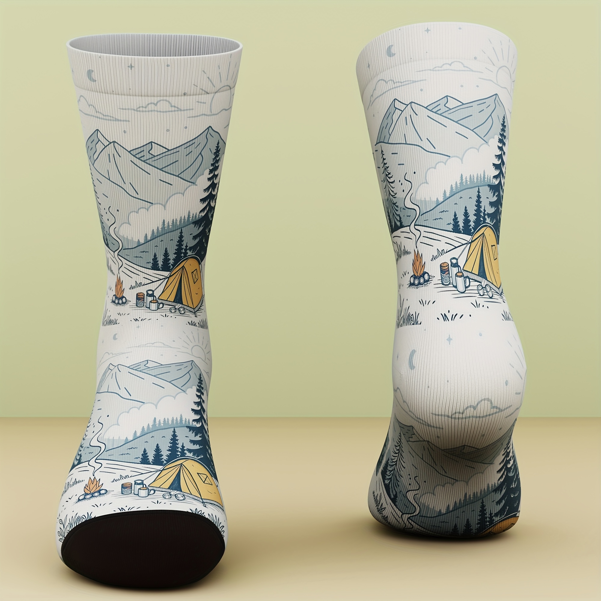 TEMU A Pair Of Unisex Socks With A Camping Pattern, Fun And Fashionable, Sporty And Casual, 3d Digital Printing , A Novelty Sock Gift