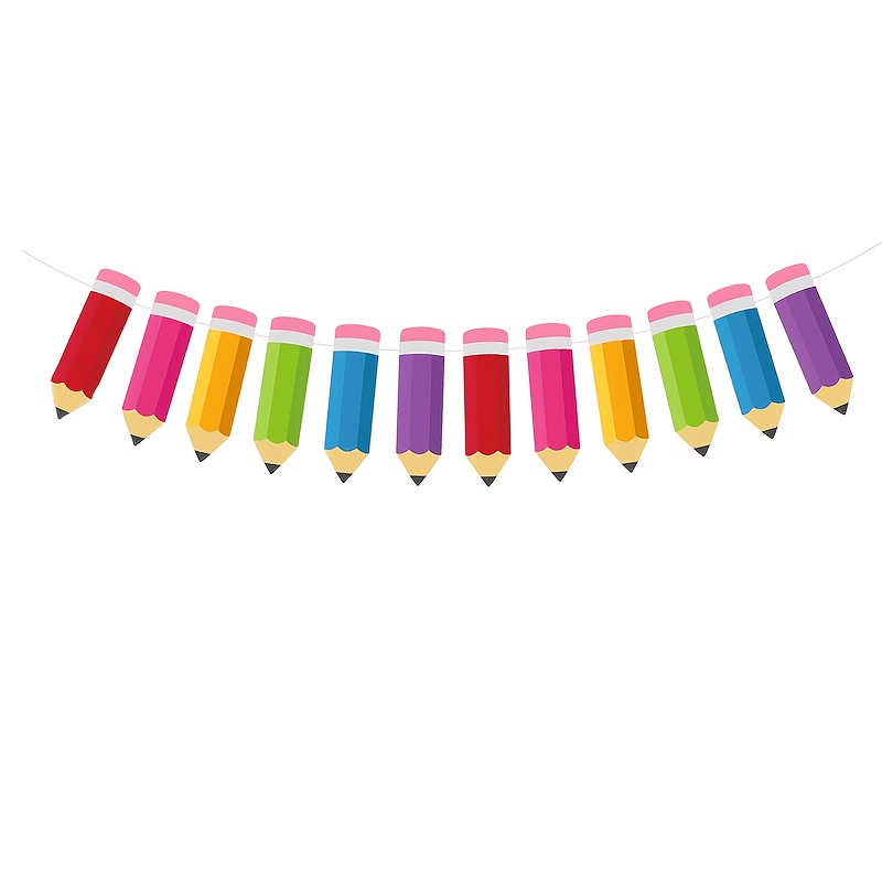 Image of 12pcs/set Vibrant Colored Pencil Elements Rainbow Colored Pencil Shaped Banners Back-to-school Classroom Decoration Banner