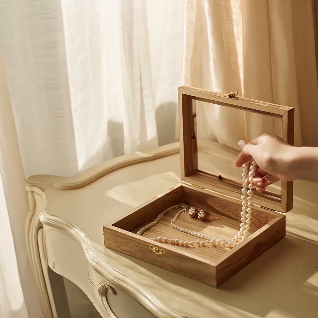 Vintage Wooden Jewelry Box with Acrylic Viewing Lid