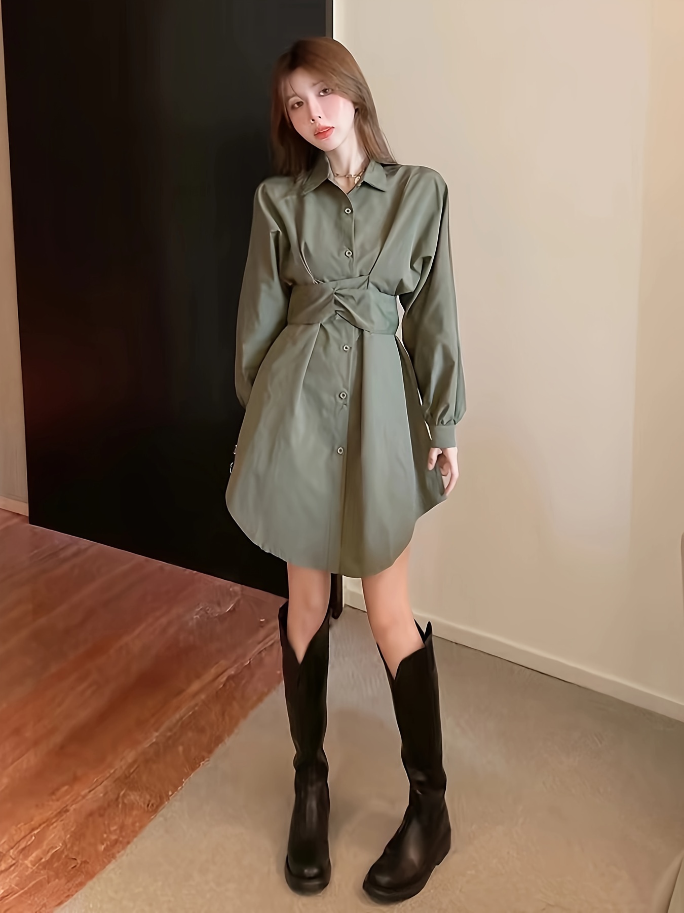 olive green shirt dress womens Stop & Stare Olive Green Denim Button Front Mini Dress