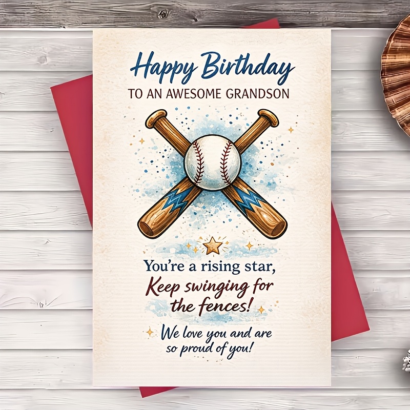 TEMU (one Envelope And 1 Greeting Card)baseball Birthday Greeting Card For Grandson Sports Theme Inspirational Message For Family Gift From