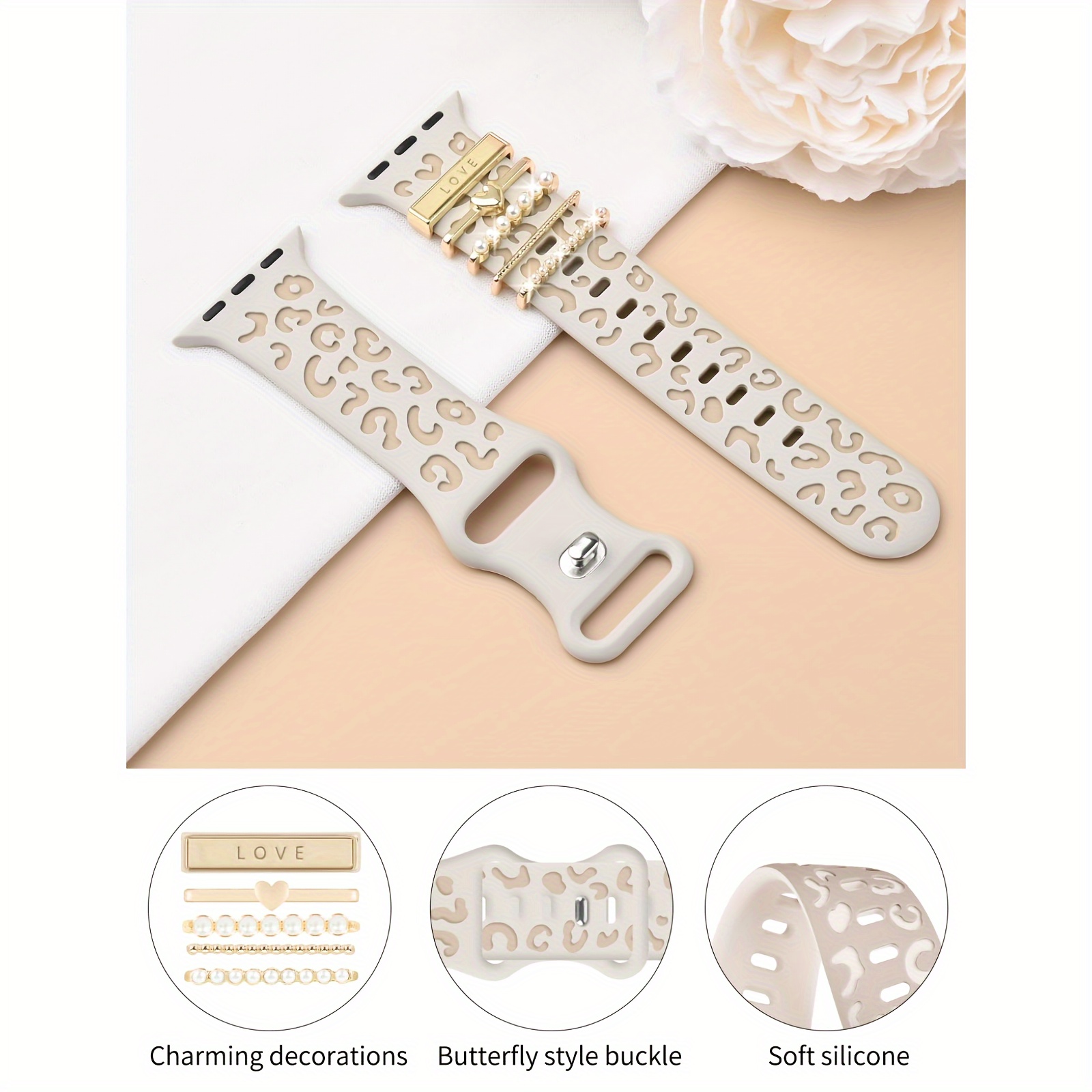 

Silicone Leopard Engraved Band With Charms For Watch 41mm 40mm 38mm 49mm 45mm 44mm 42mm, Two-tone Luxury Strap Compatible With Iwatch Series 9 8 7 6 5 4 3 2 1 Se - Non-water Resistant