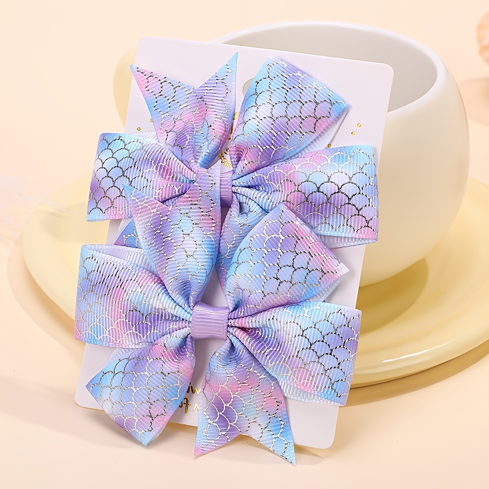 TEMU 2pcs Pinces à Cheveux Nœud Écailles Sirène, Épingles à Cheveux Nœud Ruban Dégradé Ombre, Accessoires Cheveux Violets Scintillants pour Fête