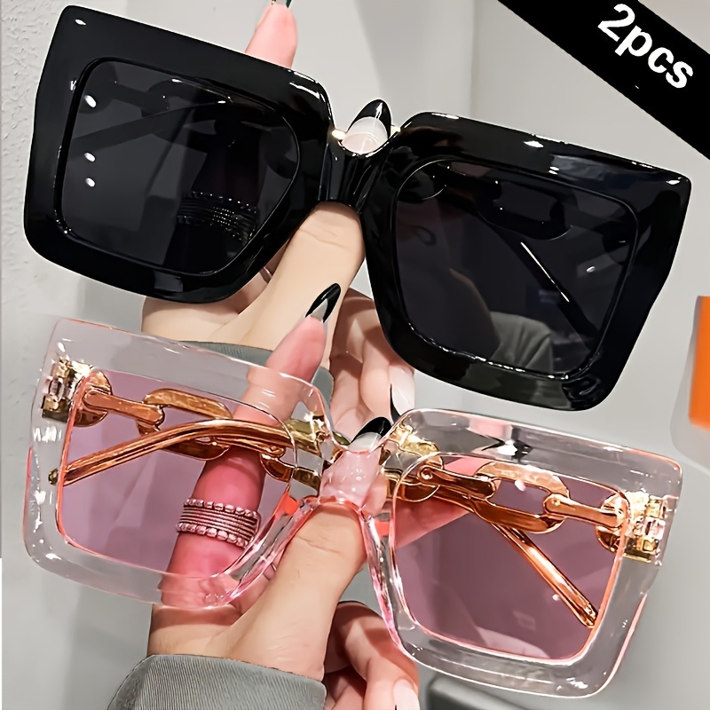 

2pcs Luxury Oversized Fashion Glasses Women's Large Frame Square Fashion Glasses Beach Party Travel, Eyewear