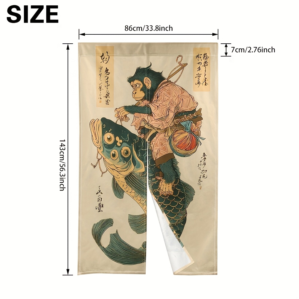 TEMU 1pc Of 2d Flat-printed Curtain Featuring A Monkey Riding A Enormous Catfish, Designed As A Retro Japanese Noren. Door Curtains Serve As