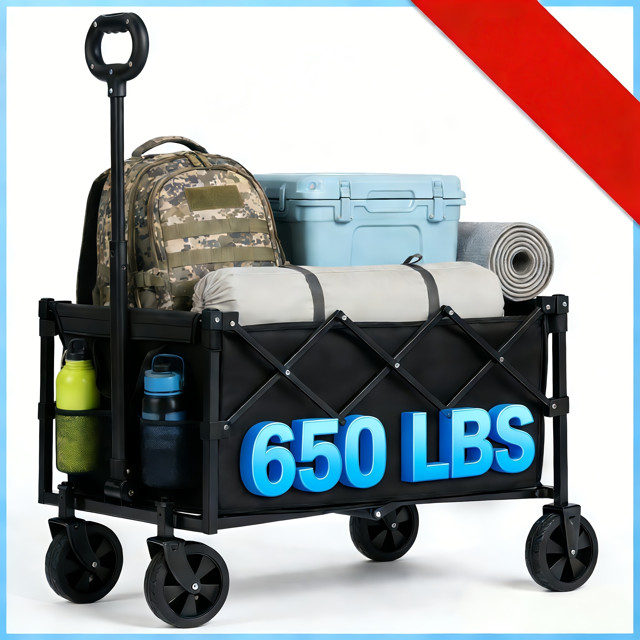 TEMU 180-650 Lbs Large Capacity Camping Shopping Cart, Folding Handcart, Multi-functional Camping, Gardening, Beach Shopping Cart, Black, Garden Tool