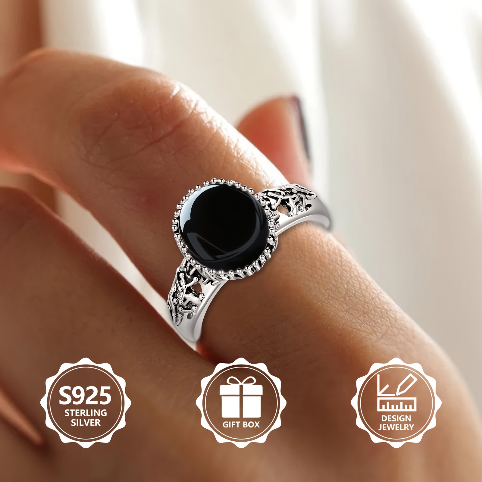 Women's 925 Sterling Silver Round Agate Ring, Vintage Vine Design