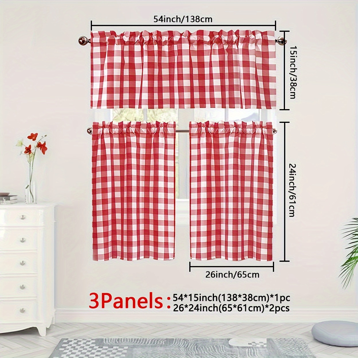 TEMU 3pcs Valance Curtains - Contemporary Style, Light-filtering Polyester, Rod Pocket Top, Uncorded, Unlined, , Country Theme For Bedroom, Dining