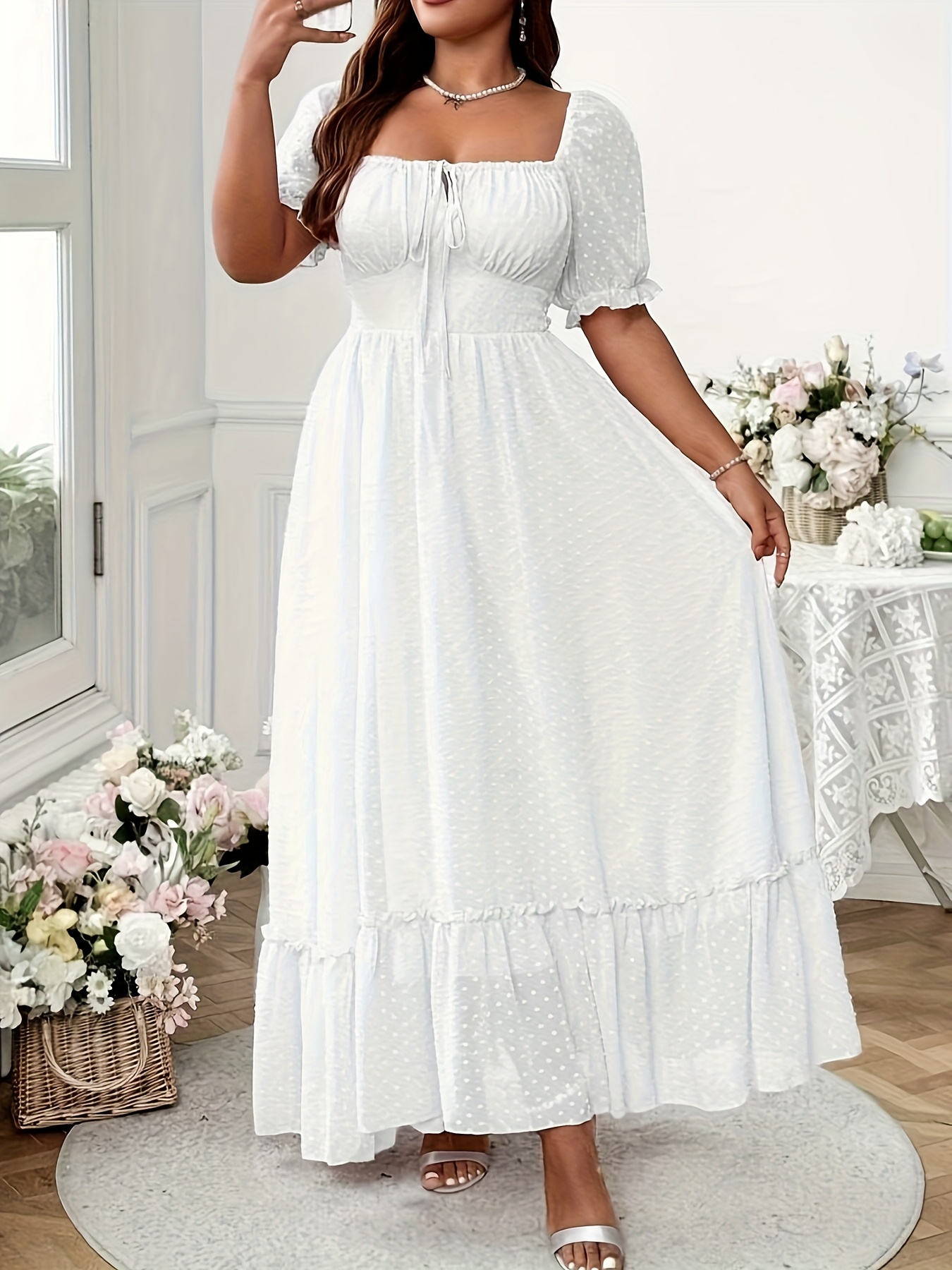 Square Neck Dress With White Formal Midi Dress Women's Elegant