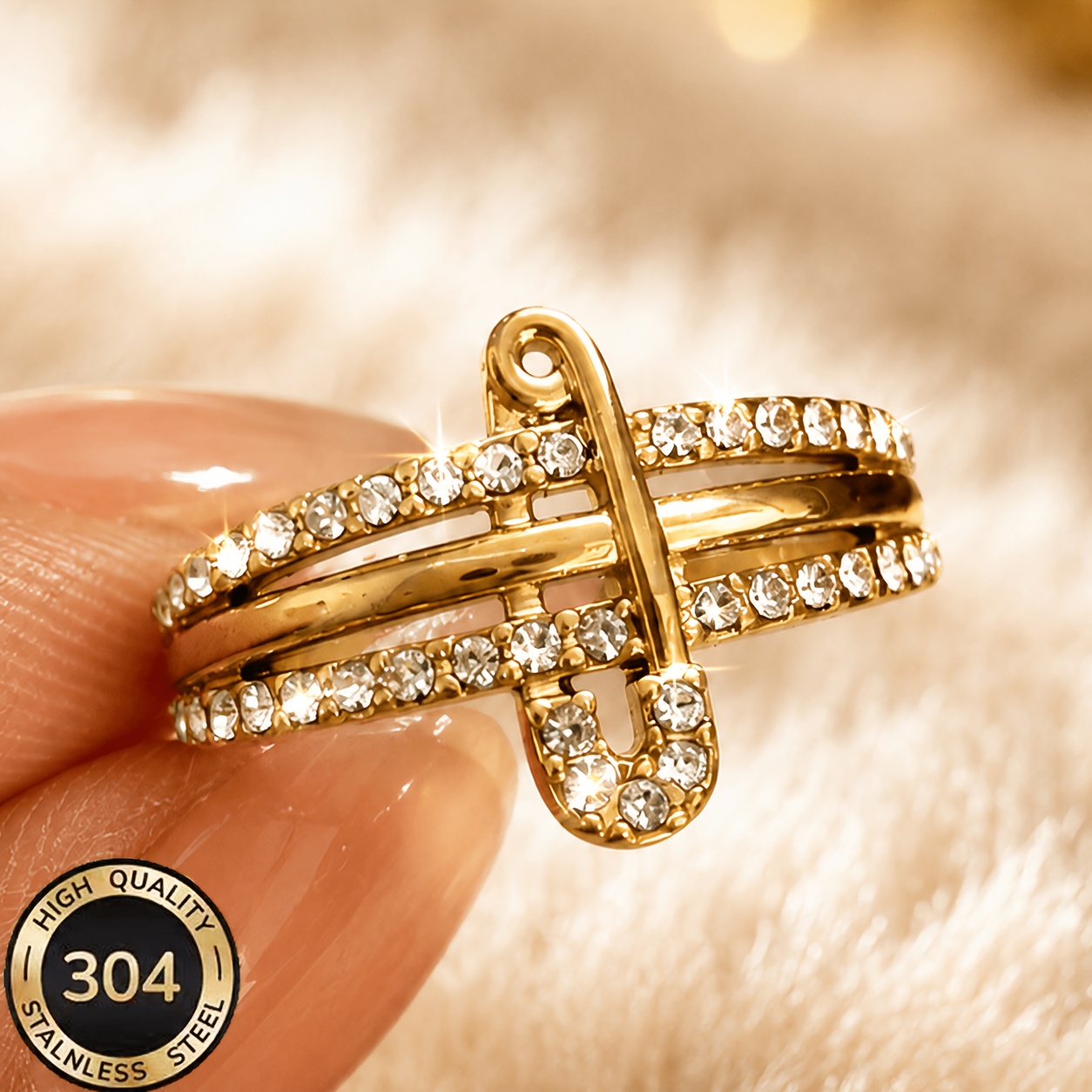 TEMU Bague ouverte pour femmes, ajustable, en acier inoxydable 304 plaqué or , avec bretelle de broche de sécurité, bijou de étanche et