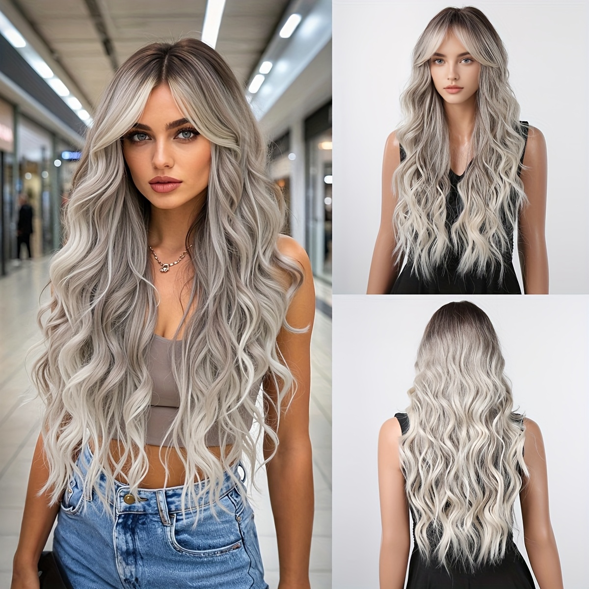 Image of 26-inch Gradient Gray Long Egg Roll Wig, High-temperature Chemical Fiber Wig, Fashionable Women's Wig, Suitable For Daily Life, Parties, Music Festivals, Cosplay