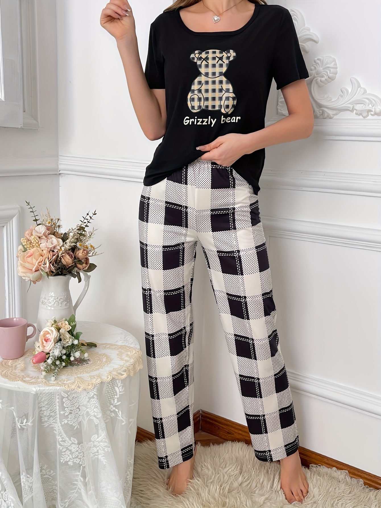 Comfy Plaid Pajama Set, Long Sleeve Letter Print Top & Pajama Pants,  Women's Sleepwear & Loungewear