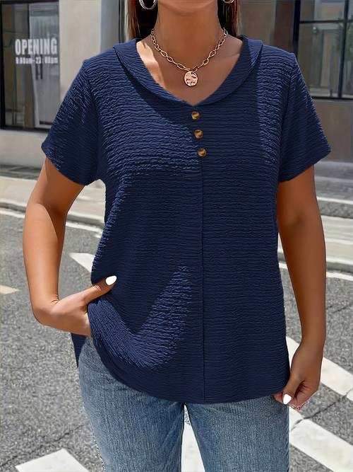 plus size spring summer elegant solid color button doll collar short sleeve t shirt plus size women