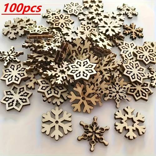 100 pack mini wood snowflake shaped wood pieces for diy handmade painting decoration suitable for halloween thanksgiving christmas wedding and home party decorations festive pendant hanging decor