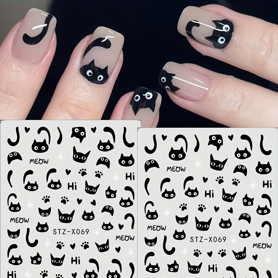 2pcs Cute Graffiti Cat 3d Nail Art Stickers Cartoon Animal Patterns Self-adhesive Slider Decals Professional Nail Decorations For Women And