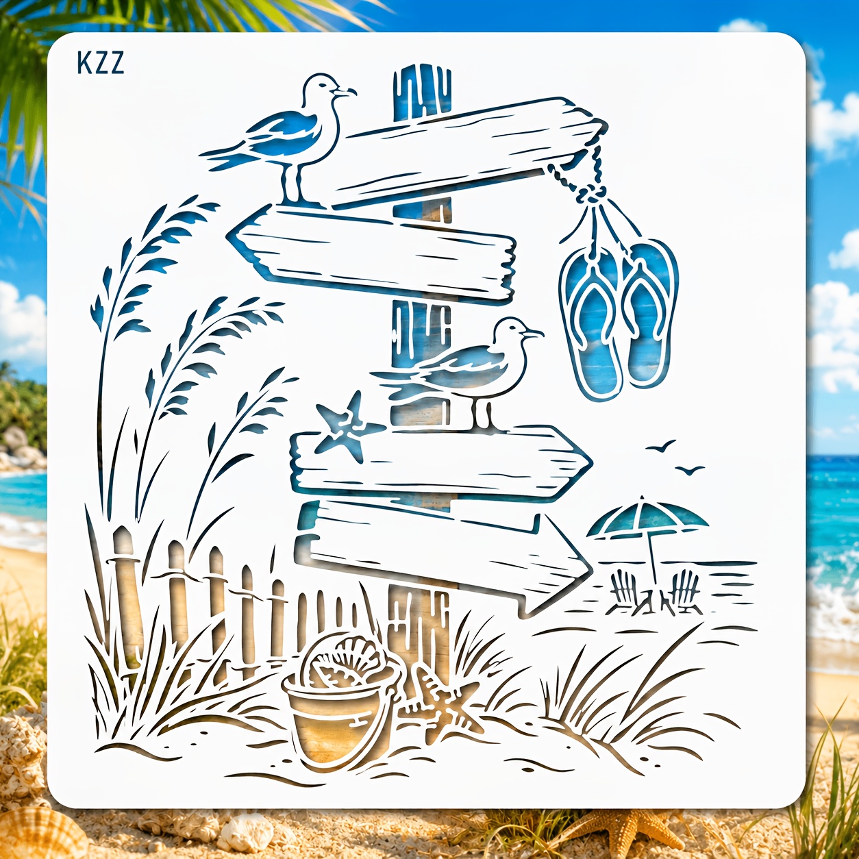 TEMU Plaque en bois KZZ avec pochoir "The Sea", réutilisable, 11,8 x 11,8 pouces, pour peinture avec modèles de dessin, pour l'artisanat, mural, la
