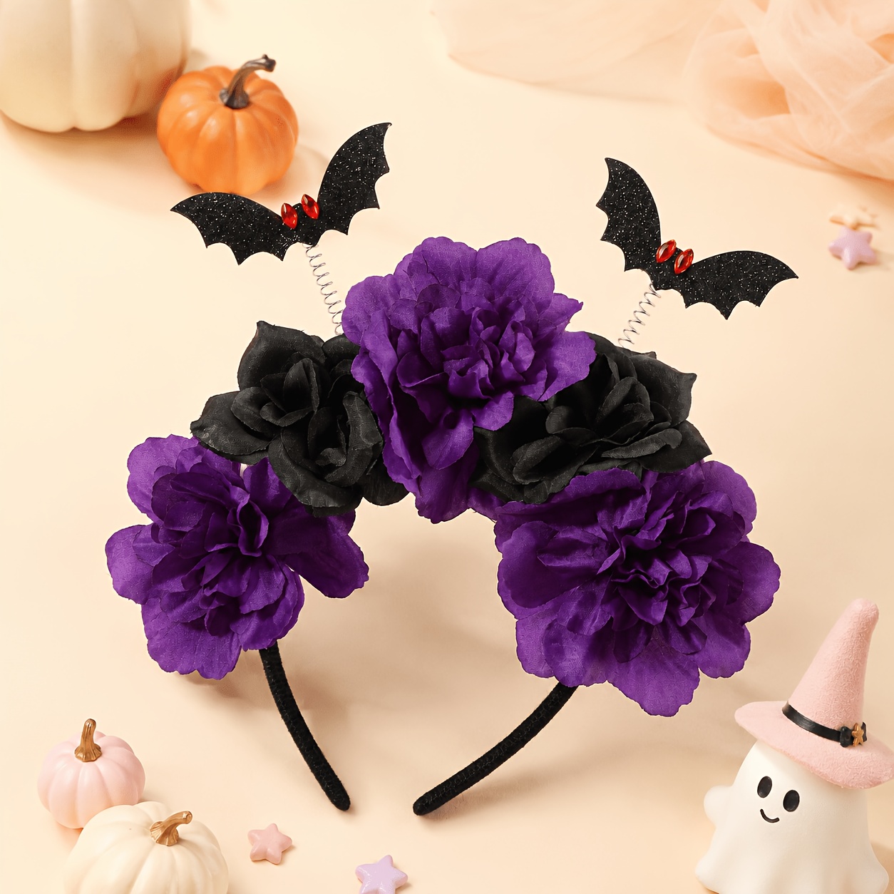 TEMU 1pc New Halloween Artificial Flower Bat Decoration Headband, Fake Flower Costume Headpiece, Halloween Decorative Headpiece, Suitable For