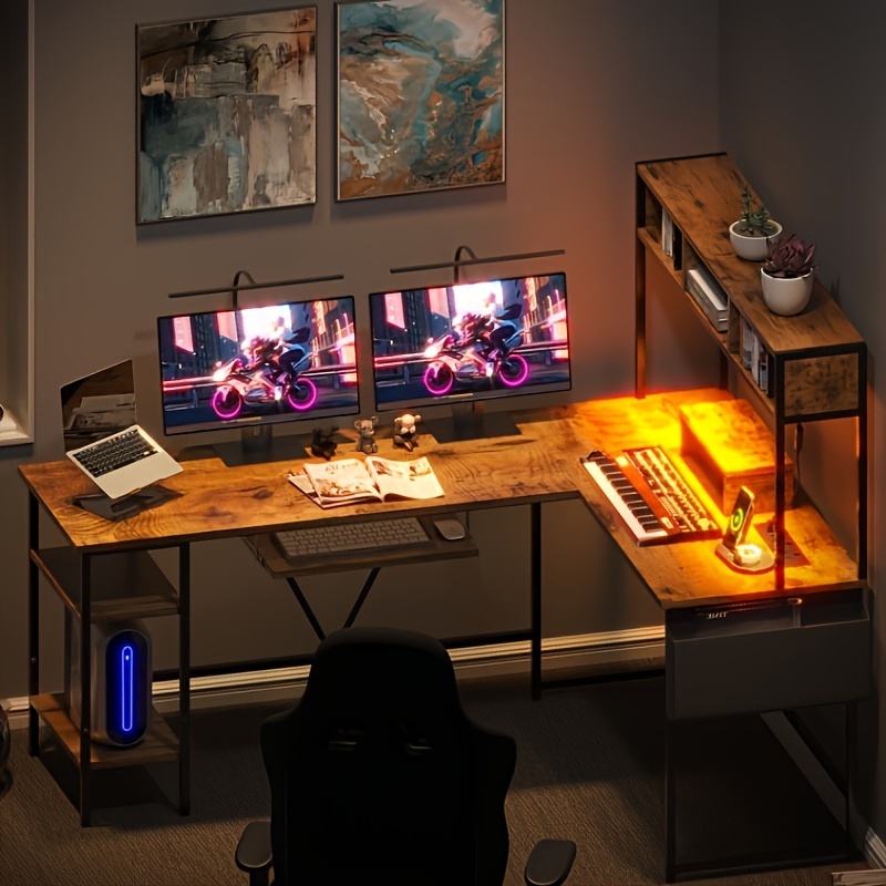 

Flamaker L-shaped Computer Desk With Led Lights & Power Outlets