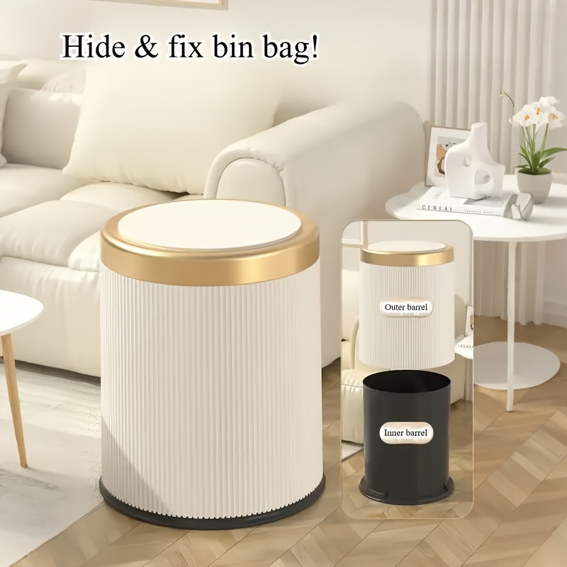 1pc 12l Luxury Large Capacity Push-lid Trash Can, Dual Inner Buckets, Bathroom Trash Can, Odor-sealing Oval Garbage Bin, Modern Plastic Waste Container For Kitchen, Bedroom, Living Room, Bathroom