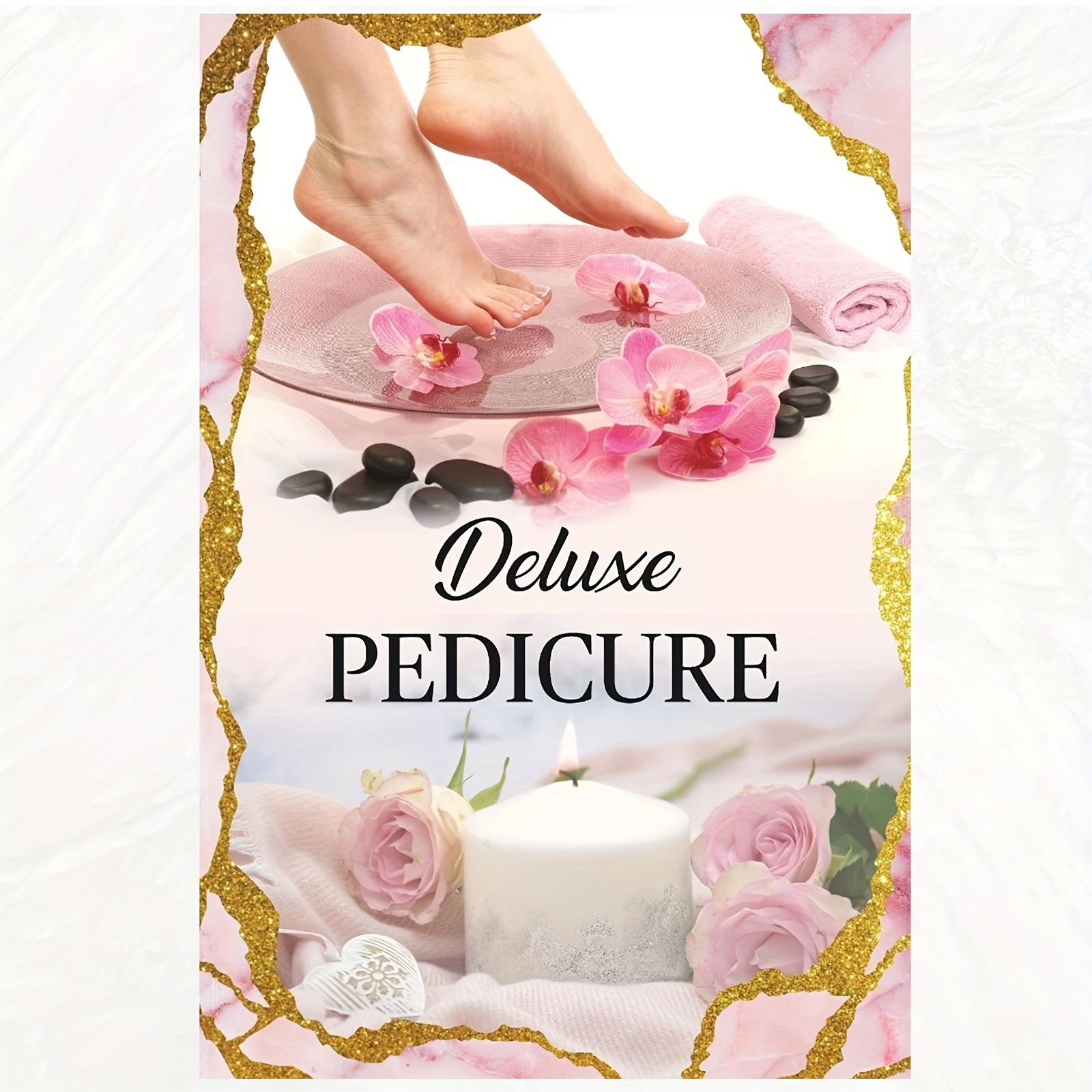 E-shop 2D Flach, 1 Stück Rahmenlose Luxuriöse Pediküre-Salon Leinwandkunst - Spa-Deko mit Orchideen, schwarzen Steinen & goldenen Akzenten, 12x18 Zoll,