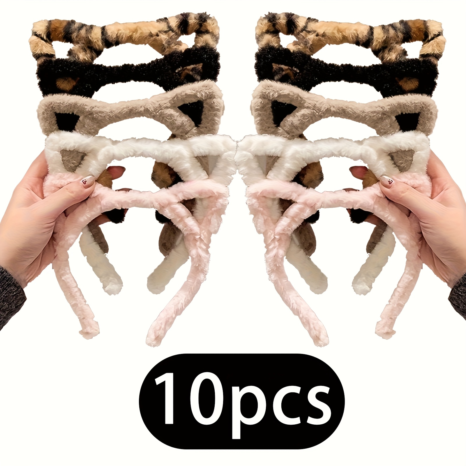 Image of 10pcs Leopard Print Plush Cat Ear Headbands - Cute Retro Style Hair For Women, Perfect For Makeup, Face Washing, And Outdoor Use
