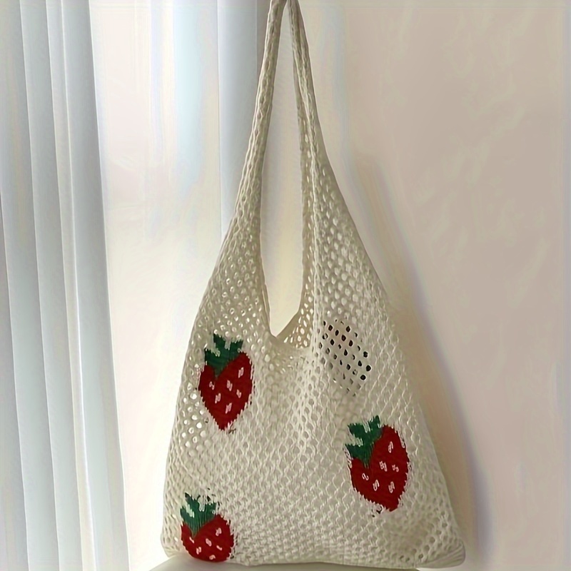

White Crochet Tote Bag With Strawberry Pattern, 2024 New Art Knit Fashion Shoulder Bag, Stylish Casual Accessory