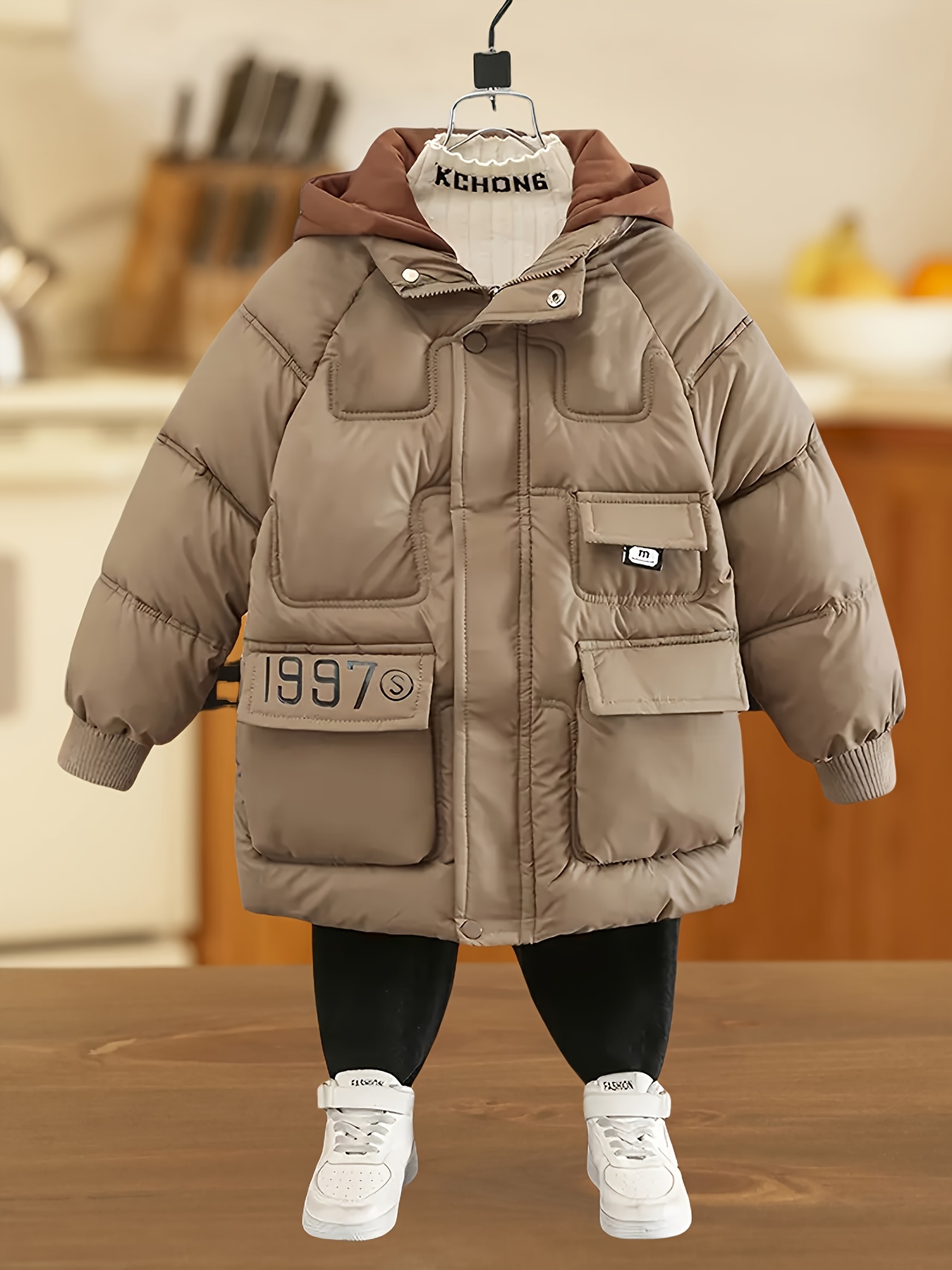 boys' winter hooded jacket warm thick fleece lined beige Temu Kuwait