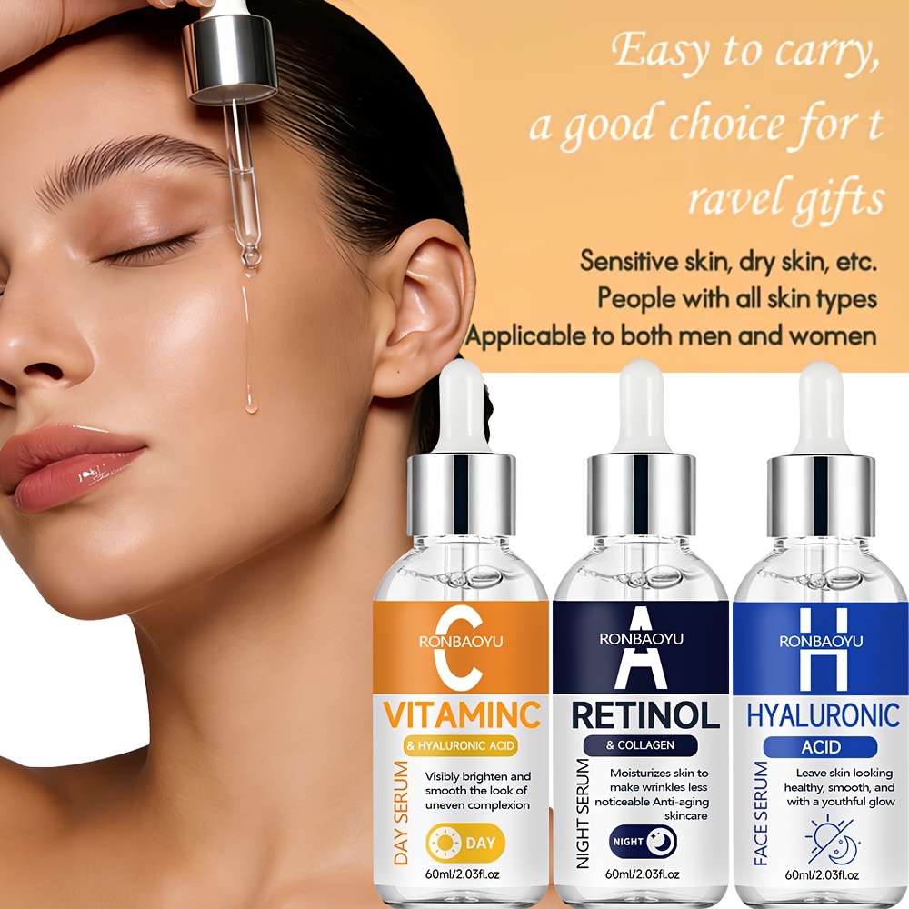 RONBAOYU Set Triplu Seruri 3 Bucăți cu Vitamina C, Retinol, Acid Hialuronic, Colagen, Acid Tranexamic, Niacinamidă și Glutation, pentru Luminozitate, Fermitate, Hidratare Profundă, pentru Toate Tipurile de Piele, Utilizare Zi și Noapte, Esențial pentru Călătorii