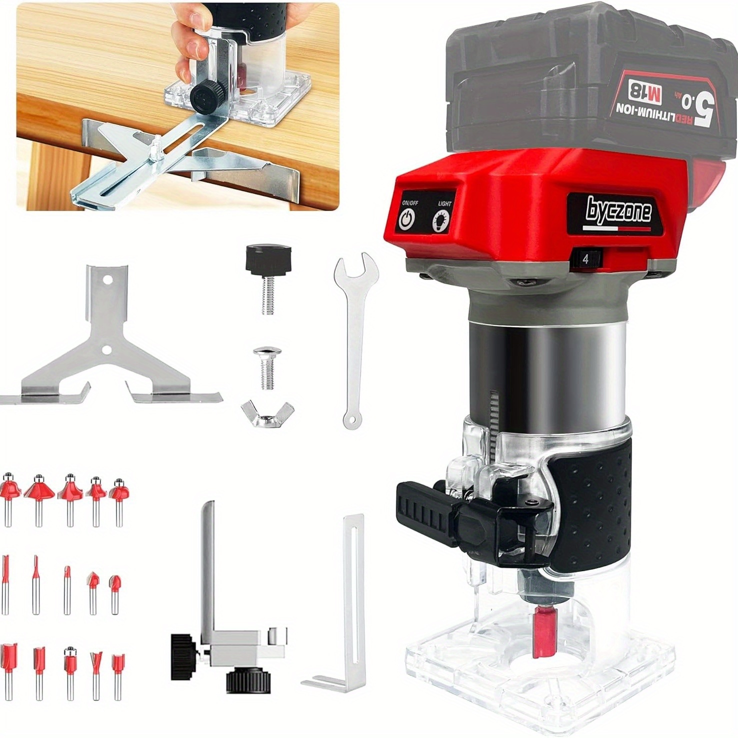 TEMU 800w Cordless Wood Router Compatible With 18v Battery(battery Not Included), 30000rpm Brushless Motor Router Attach 15pcs 1/4" Router Bits, 6