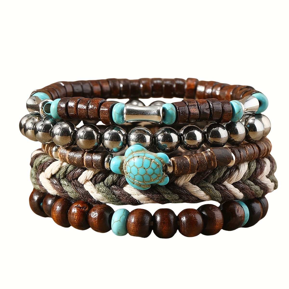

Boho Style 5-piece Set Bracelet - Handcrafted Wooden Bead & Turtle Charm, Braided Wristband Collection, Unisex Fashion Jewelry