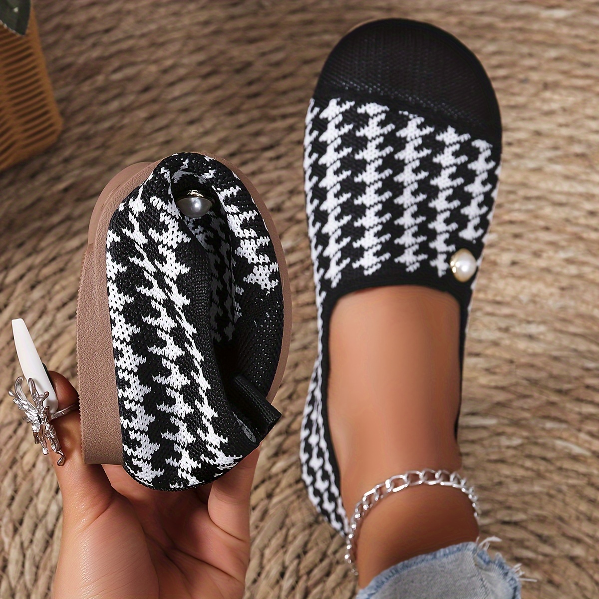 womens red white   woven slip on mules casual round toe flats with soft rubber sole breathable fabric design for indoor outdoor use