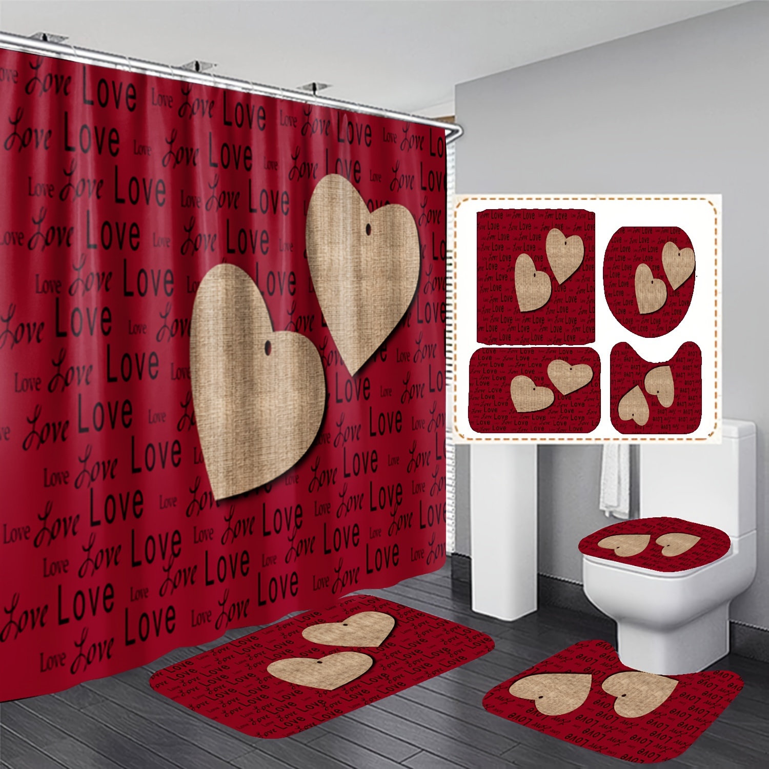 

Romantic Heart-themed 4pcs Bathroom Set: Waterproof Shower Curtain With Hooks, Non-slip Bath Mat, U-shaped Rug & Toilet Lid Cover - Machine Washable Polyester