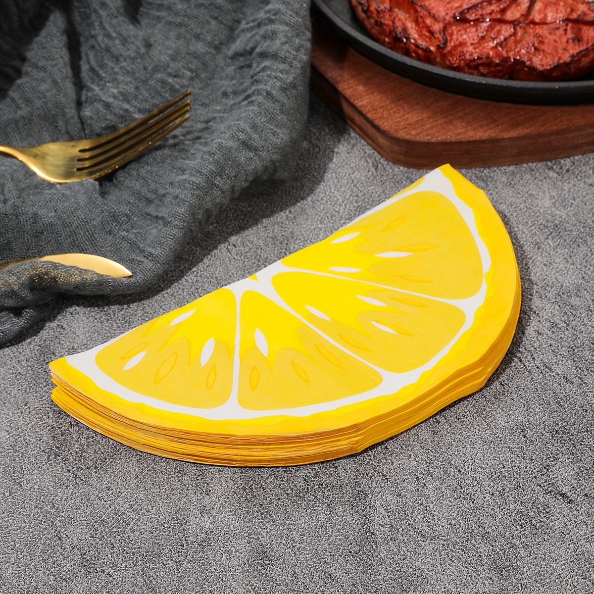 TEMU 20pcs Lemon Napkins, Summer Fruit Lemon Shaped Paper Napkins, Lemon And Tableware Set, Suitable For Tropical Birthday Party Decoration In Summer