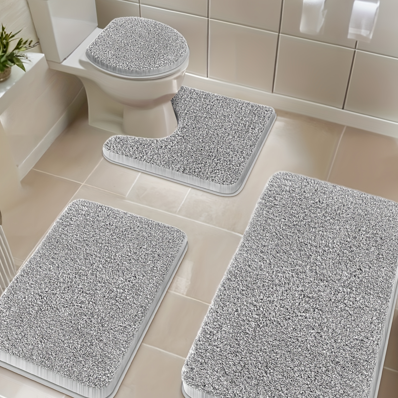 

4pcs Luxurious Velvet Bathroom Mat Set - Includes U-shaped, Toilet Seat Cover & Absorbent Non-slip Bath Rug, Soft Polyester, Modern Gray Design For Decor, Bathroom Decor And Accessories