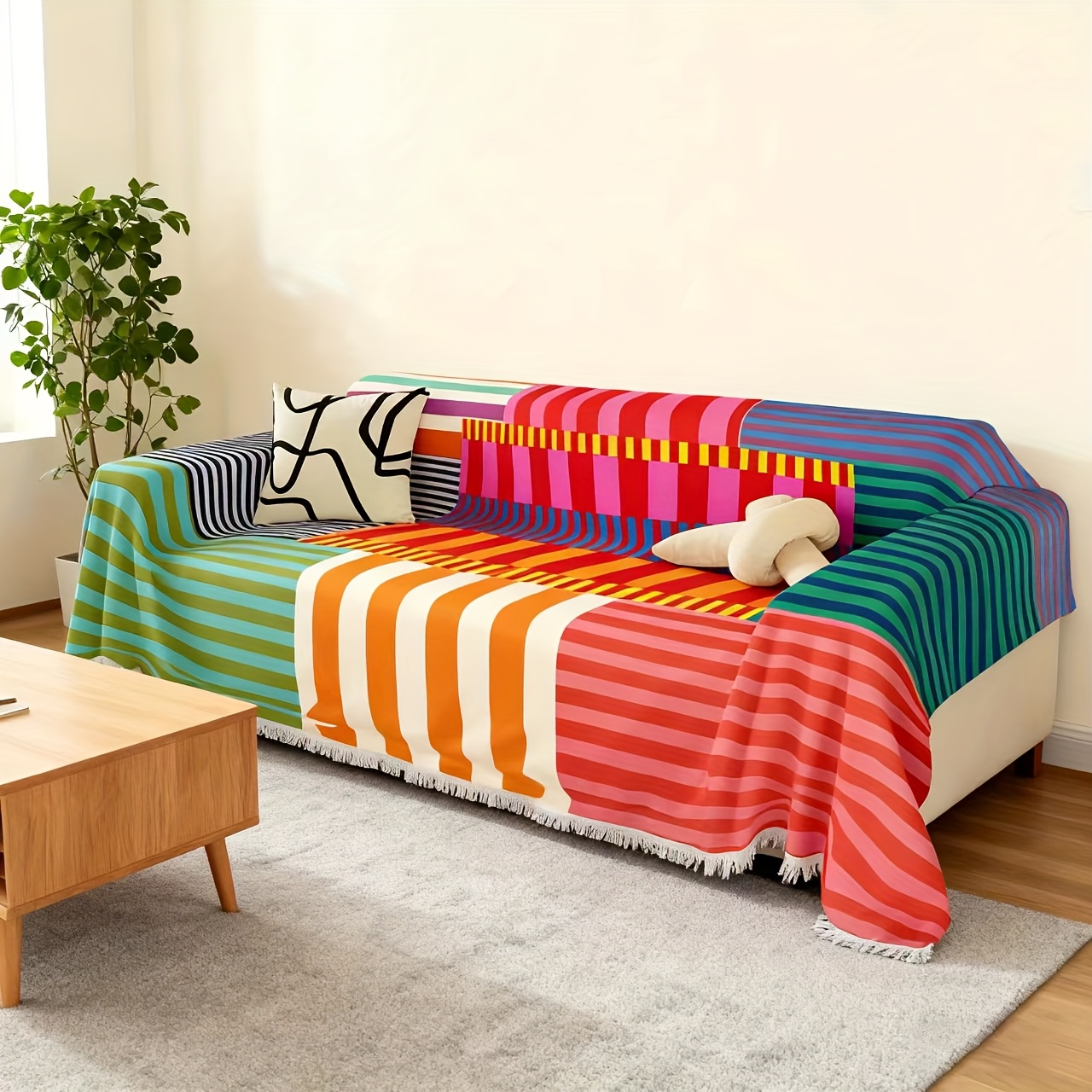 TEMU 1pc Colorful Striped Pattern Sofa Cover, Bright Design Sofa Couch Cover, Non-slip & Pet-friendly Sofa Mat, Living Room, Bedroom, Office, Cafe