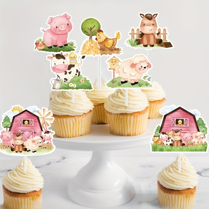 18pcs, Pink Party Paper Cupcake Inserts, Farm Animal Cake Toppers, Happy  Birthday Party Decorations, Animals Theme Birthday Dessert Toppers,